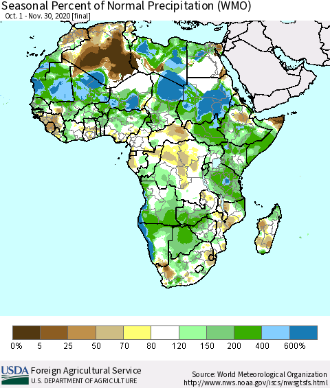 Africa Seasonal Percent of Normal Precipitation (WMO) Thematic Map For 10/1/2020 - 11/30/2020
