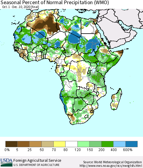 Africa Seasonal Percent of Normal Precipitation (WMO) Thematic Map For 10/1/2020 - 12/10/2020