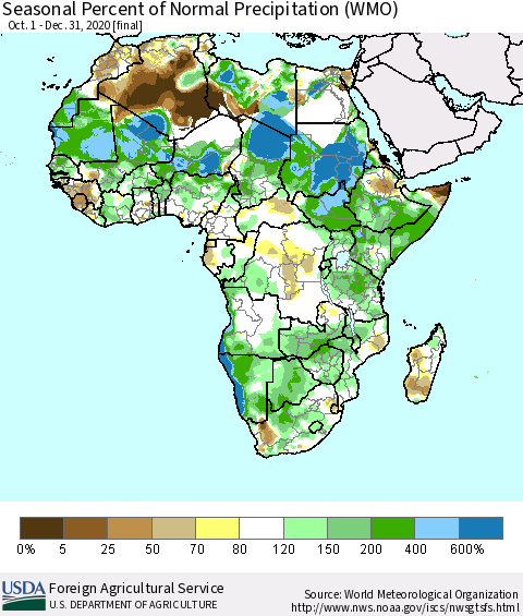 Africa Seasonal Percent of Normal Precipitation (WMO) Thematic Map For 10/1/2020 - 12/31/2020