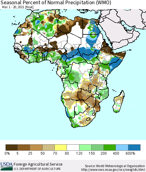 Africa Seasonal Percent of Normal Precipitation (WMO) Thematic Map For 3/1/2021 - 3/20/2021
