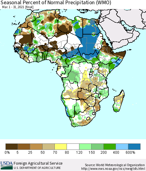 Africa Seasonal Percent of Normal Precipitation (WMO) Thematic Map For 3/1/2021 - 3/31/2021