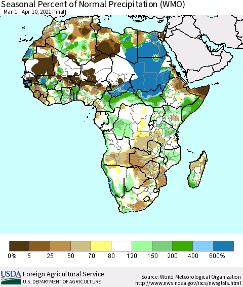 Africa Seasonal Percent of Normal Precipitation (WMO) Thematic Map For 3/1/2021 - 4/10/2021
