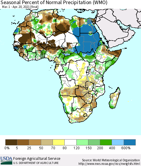 Africa Seasonal Percent of Normal Precipitation (WMO) Thematic Map For 3/1/2021 - 4/20/2021