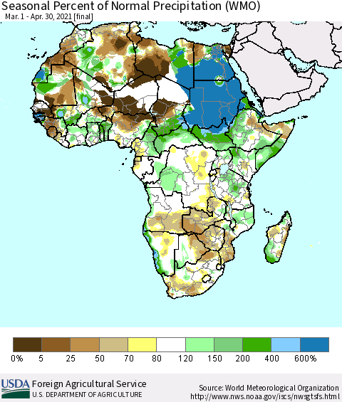 Africa Seasonal Percent of Normal Precipitation (WMO) Thematic Map For 3/1/2021 - 4/30/2021