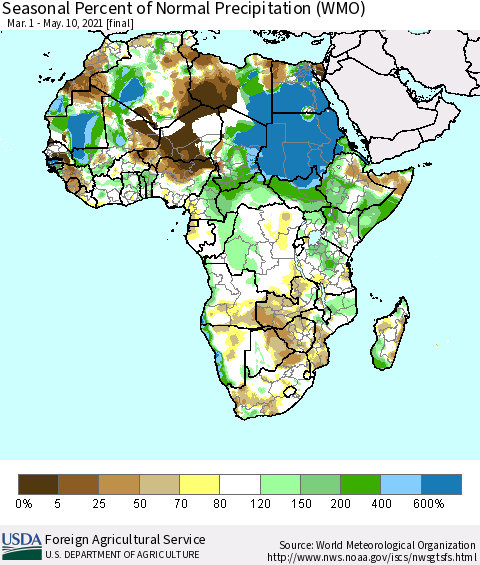 Africa Seasonal Percent of Normal Precipitation (WMO) Thematic Map For 3/1/2021 - 5/10/2021