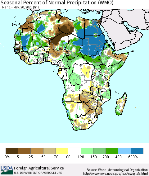 Africa Seasonal Percent of Normal Precipitation (WMO) Thematic Map For 3/1/2021 - 5/20/2021