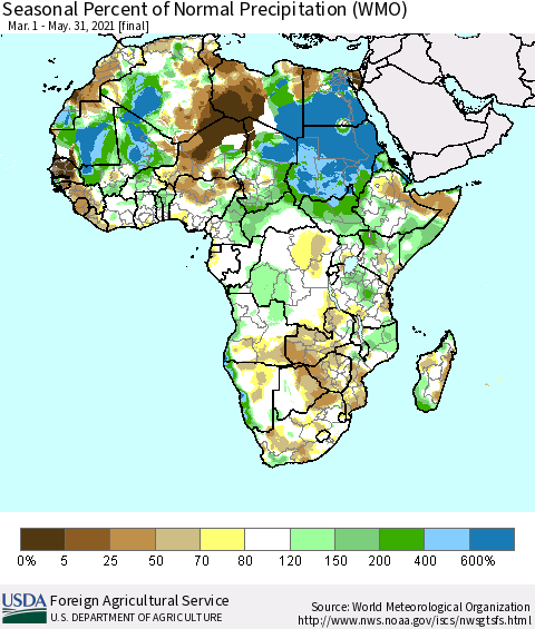 Africa Seasonal Percent of Normal Precipitation (WMO) Thematic Map For 3/1/2021 - 5/31/2021