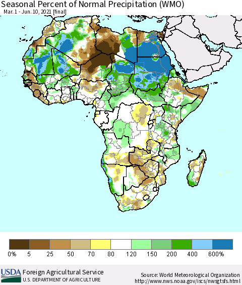 Africa Seasonal Percent of Normal Precipitation (WMO) Thematic Map For 3/1/2021 - 6/10/2021