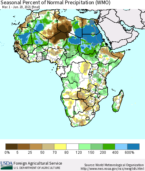 Africa Seasonal Percent of Normal Precipitation (WMO) Thematic Map For 3/1/2021 - 6/20/2021