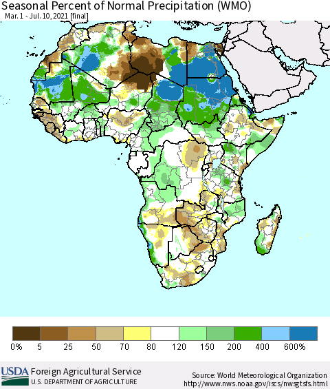 Africa Seasonal Percent of Normal Precipitation (WMO) Thematic Map For 3/1/2021 - 7/10/2021