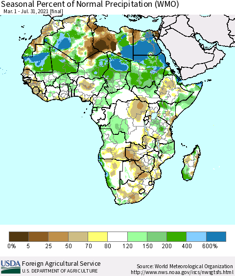 Africa Seasonal Percent of Normal Precipitation (WMO) Thematic Map For 3/1/2021 - 7/31/2021