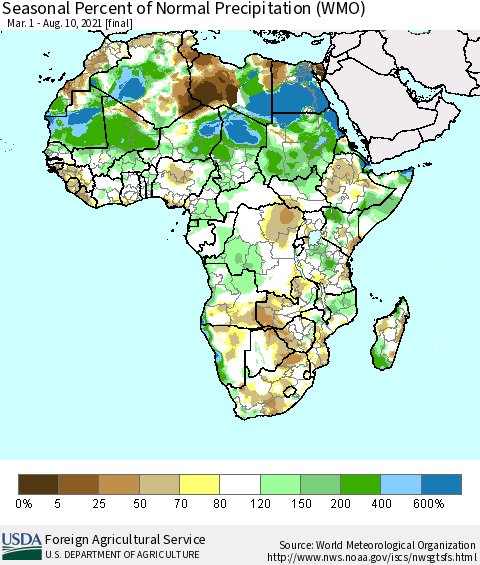 Africa Seasonal Percent of Normal Precipitation (WMO) Thematic Map For 3/1/2021 - 8/10/2021