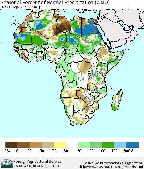 Africa Seasonal Percent of Normal Precipitation (WMO) Thematic Map For 3/1/2021 - 9/10/2021