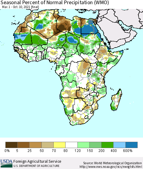 Africa Seasonal Percent of Normal Precipitation (WMO) Thematic Map For 3/1/2021 - 10/10/2021