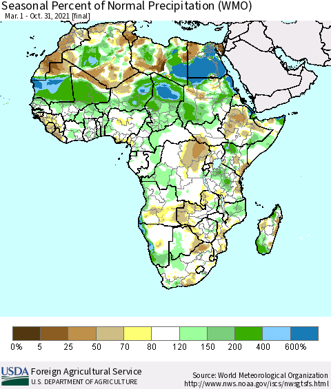 Africa Seasonal Percent of Normal Precipitation (WMO) Thematic Map For 3/1/2021 - 10/31/2021