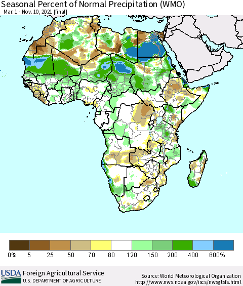 Africa Seasonal Percent of Normal Precipitation (WMO) Thematic Map For 3/1/2021 - 11/10/2021