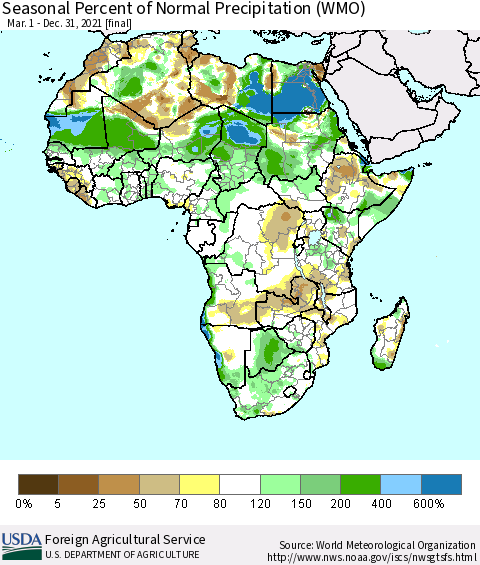 Africa Seasonal Percent of Normal Precipitation (WMO) Thematic Map For 3/1/2021 - 12/31/2021