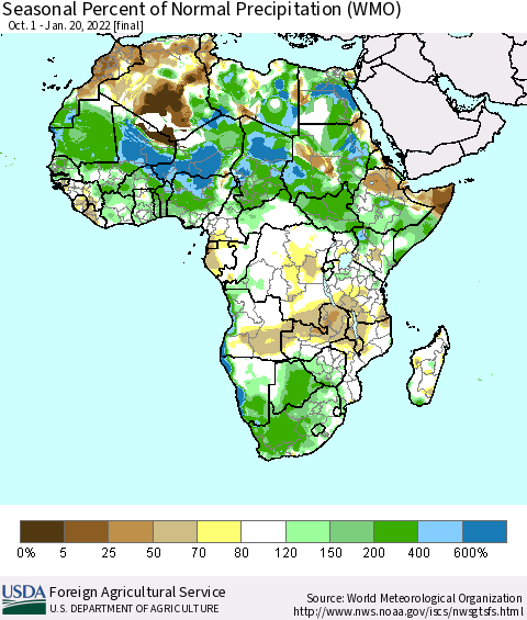 Africa Seasonal Percent of Normal Precipitation (WMO) Thematic Map For 10/1/2021 - 1/20/2022