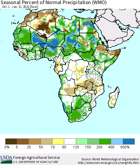 Africa Seasonal Percent of Normal Precipitation (WMO) Thematic Map For 10/1/2021 - 1/31/2022