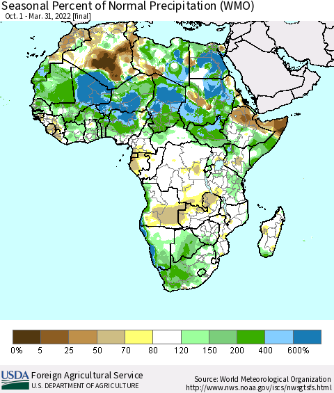 Africa Seasonal Percent of Normal Precipitation (WMO) Thematic Map For 10/1/2021 - 3/31/2022
