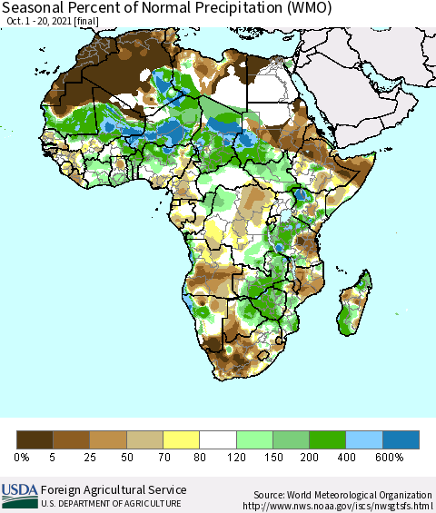 Africa Seasonal Percent of Normal Precipitation (WMO) Thematic Map For 10/1/2021 - 10/20/2021