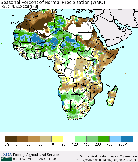 Africa Seasonal Percent of Normal Precipitation (WMO) Thematic Map For 10/1/2021 - 11/10/2021