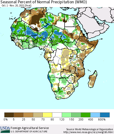 Africa Seasonal Percent of Normal Precipitation (WMO) Thematic Map For 10/1/2021 - 11/20/2021