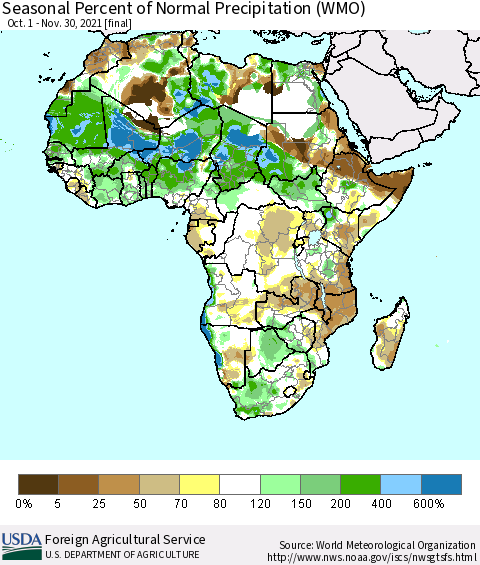 Africa Seasonal Percent of Normal Precipitation (WMO) Thematic Map For 10/1/2021 - 11/30/2021