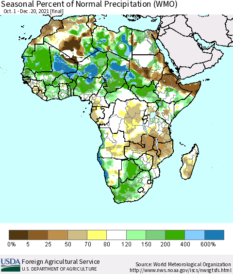 Africa Seasonal Percent of Normal Precipitation (WMO) Thematic Map For 10/1/2021 - 12/20/2021