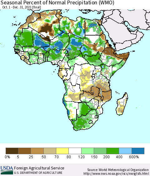 Africa Seasonal Percent of Normal Precipitation (WMO) Thematic Map For 10/1/2021 - 12/31/2021