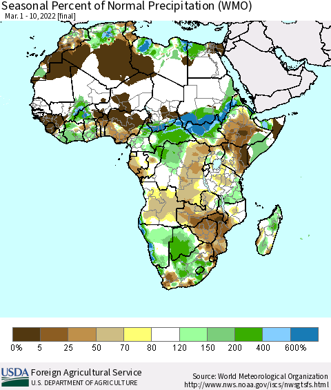 Africa Seasonal Percent of Normal Precipitation (WMO) Thematic Map For 3/1/2022 - 3/10/2022