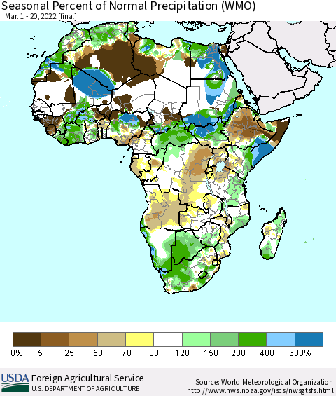Africa Seasonal Percent of Normal Precipitation (WMO) Thematic Map For 3/1/2022 - 3/20/2022
