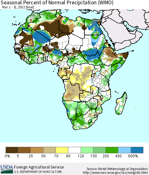 Africa Seasonal Percent of Normal Precipitation (WMO) Thematic Map For 3/1/2022 - 3/31/2022