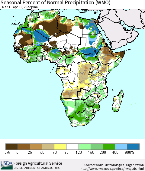 Africa Seasonal Percent of Normal Precipitation (WMO) Thematic Map For 3/1/2022 - 4/10/2022