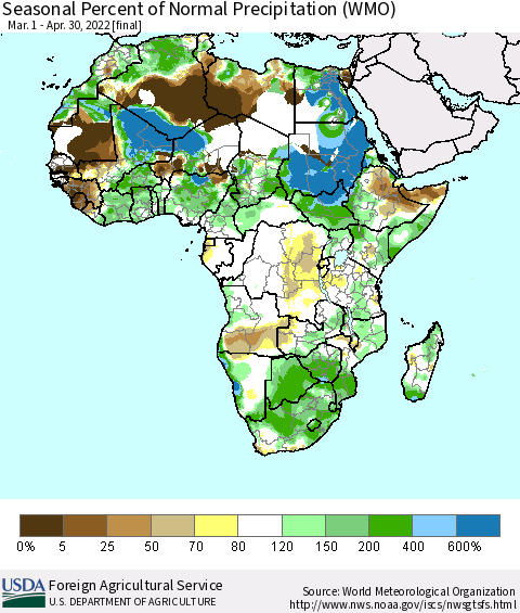 Africa Seasonal Percent of Normal Precipitation (WMO) Thematic Map For 3/1/2022 - 4/30/2022