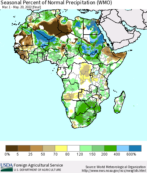 Africa Seasonal Percent of Normal Precipitation (WMO) Thematic Map For 3/1/2022 - 5/20/2022