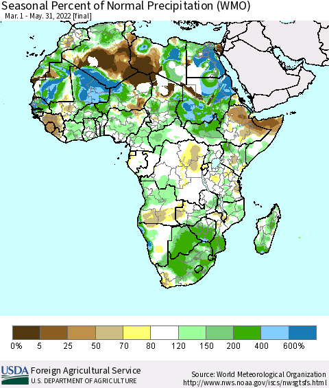 Africa Seasonal Percent of Normal Precipitation (WMO) Thematic Map For 3/1/2022 - 5/31/2022