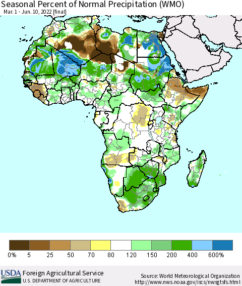 Africa Seasonal Percent of Normal Precipitation (WMO) Thematic Map For 3/1/2022 - 6/10/2022