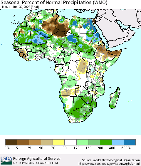 Africa Seasonal Percent of Normal Precipitation (WMO) Thematic Map For 3/1/2022 - 6/30/2022