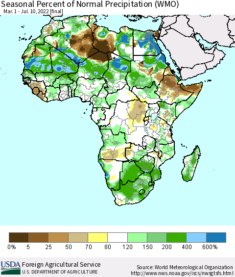 Africa Seasonal Percent of Normal Precipitation (WMO) Thematic Map For 3/1/2022 - 7/10/2022