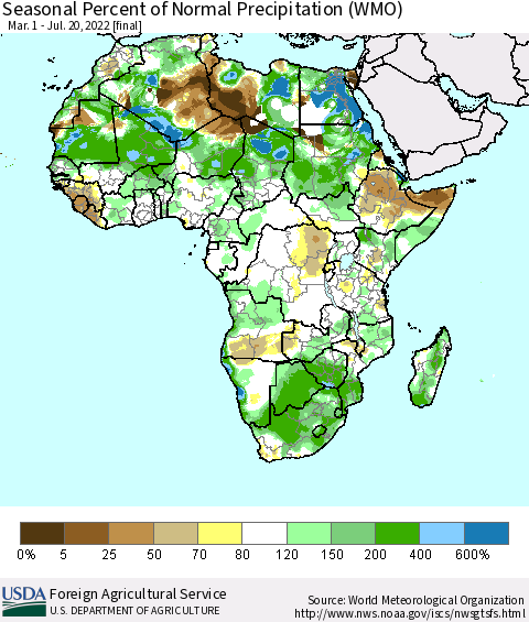 Africa Seasonal Percent of Normal Precipitation (WMO) Thematic Map For 3/1/2022 - 7/20/2022