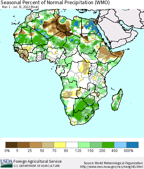 Africa Seasonal Percent of Normal Precipitation (WMO) Thematic Map For 3/1/2022 - 7/31/2022