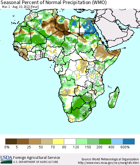 Africa Seasonal Percent of Normal Precipitation (WMO) Thematic Map For 3/1/2022 - 8/10/2022