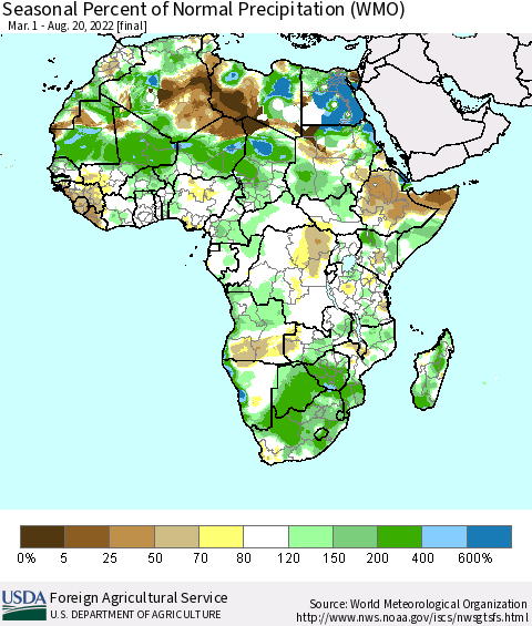 Africa Seasonal Percent of Normal Precipitation (WMO) Thematic Map For 3/1/2022 - 8/20/2022