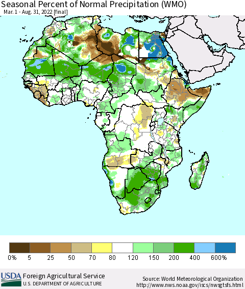 Africa Seasonal Percent of Normal Precipitation (WMO) Thematic Map For 3/1/2022 - 8/31/2022