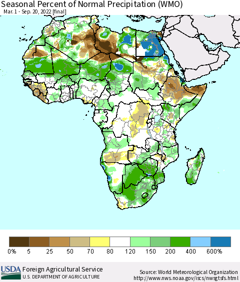 Africa Seasonal Percent of Normal Precipitation (WMO) Thematic Map For 3/1/2022 - 9/20/2022