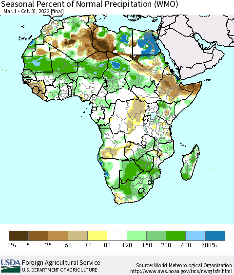 Africa Seasonal Percent of Normal Precipitation (WMO) Thematic Map For 3/1/2022 - 10/31/2022