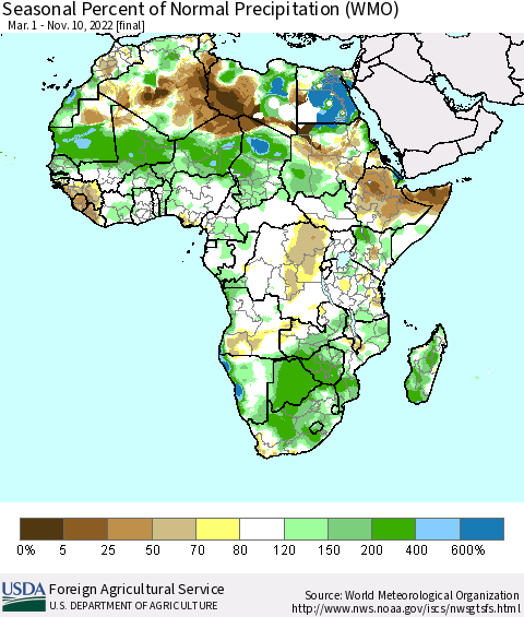 Africa Seasonal Percent of Normal Precipitation (WMO) Thematic Map For 3/1/2022 - 11/10/2022
