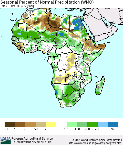 Africa Seasonal Percent of Normal Precipitation (WMO) Thematic Map For 3/1/2022 - 12/31/2022
