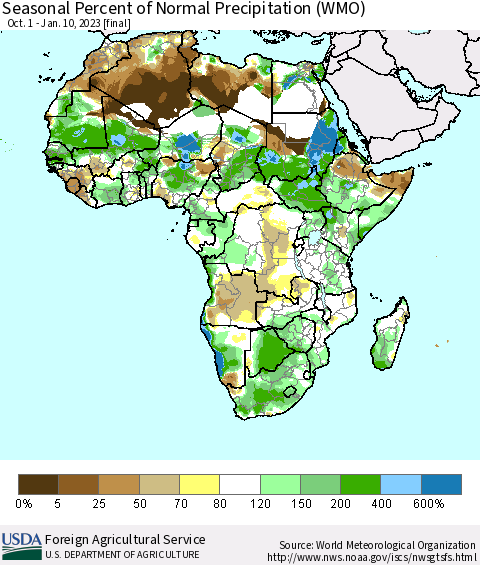 Africa Seasonal Percent of Normal Precipitation (WMO) Thematic Map For 10/1/2022 - 1/10/2023